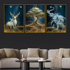 Golden Bonsai Tree Elegant Deer and Elephant Floating Frame Crystal Wall Painting Set of 3