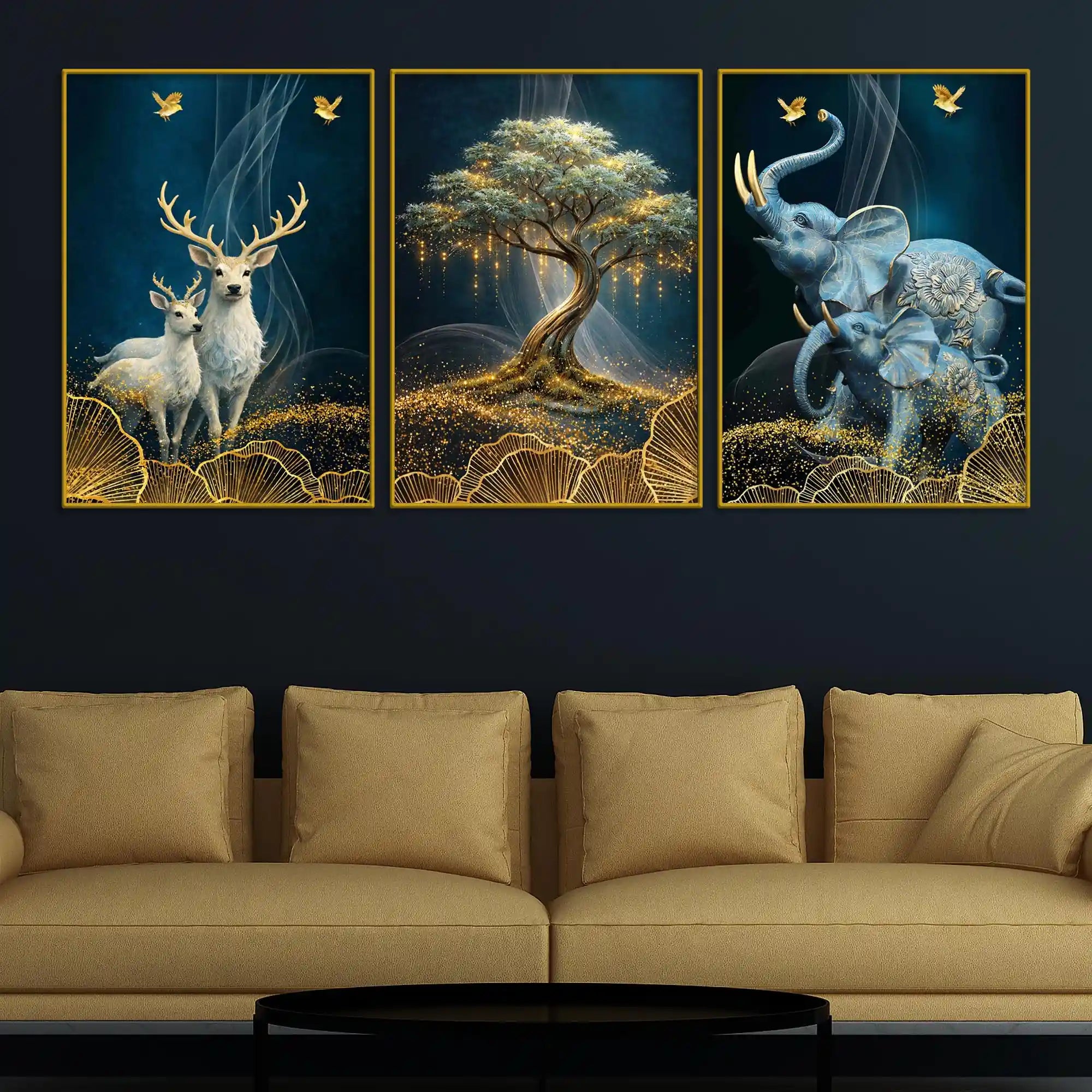 Golden Bonsai Tree Elegant Deer and Elephant Floating Frame Crystal Wall Painting Set of 3