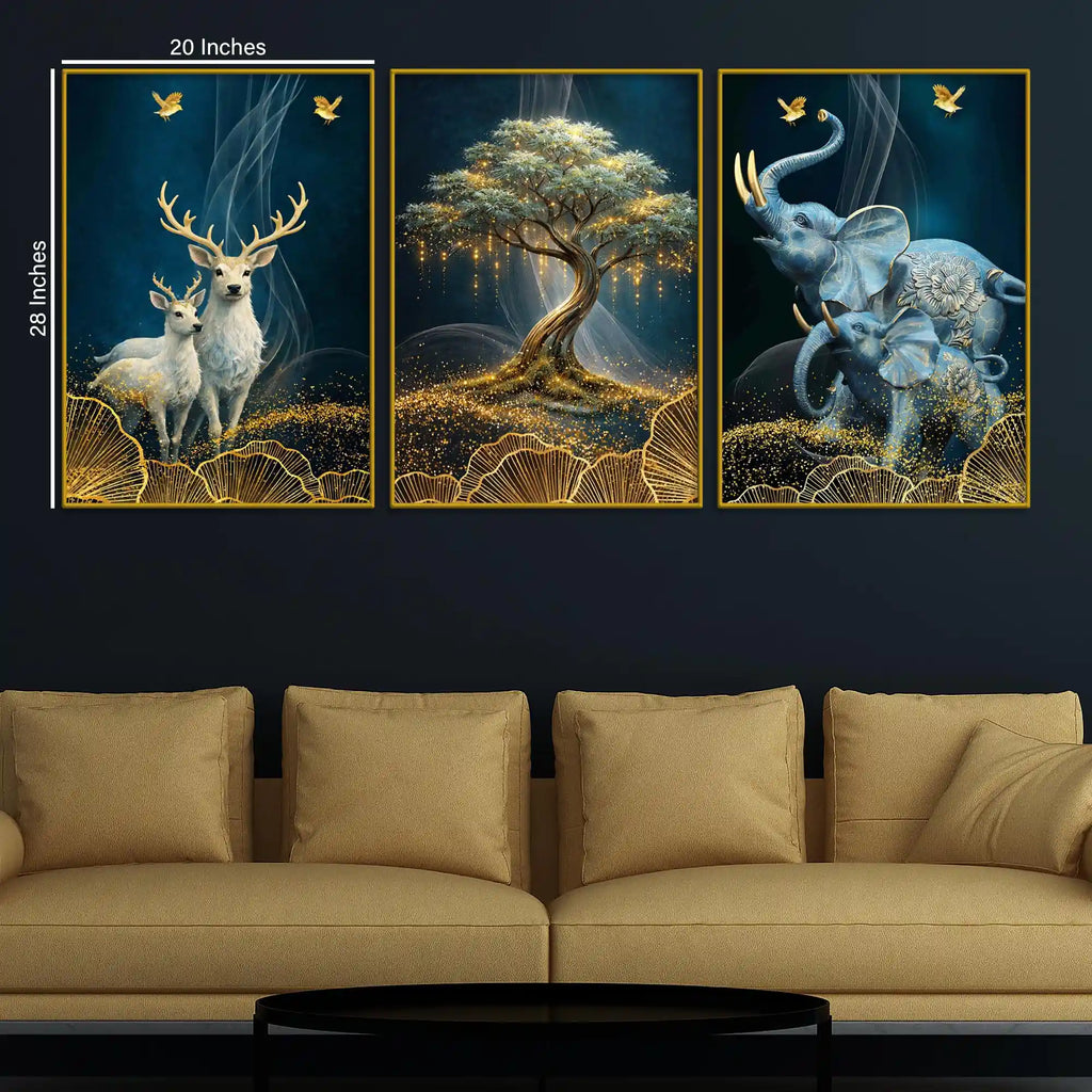 Golden Bonsai Tree Elegant Deer and Elephant Floating Frame Crystal Wall Painting Set of 3