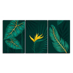 Golden Botanical Leaves and Flower Wall Painting of 3 Pieces