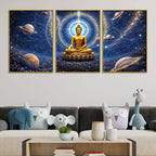 Golden Buddha in Cosmic Universe Floating Frame Crystal Wall Painting Set of 3