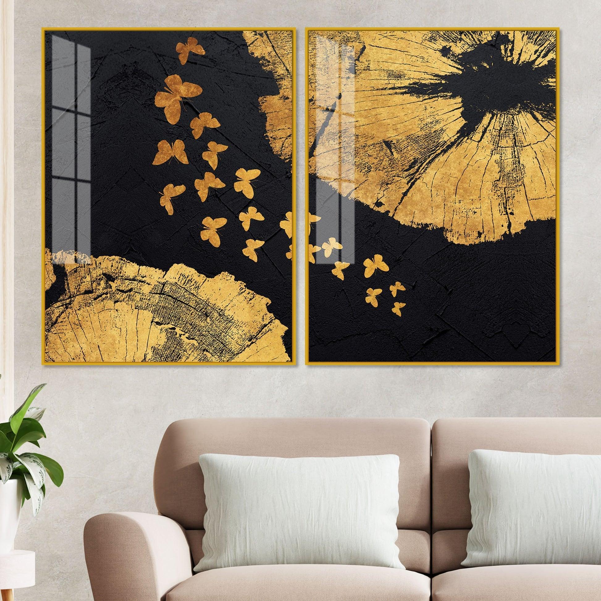 Golden Butterflies Flying Acrylic Floating Wall Painting Set of 2 - Decor Smart