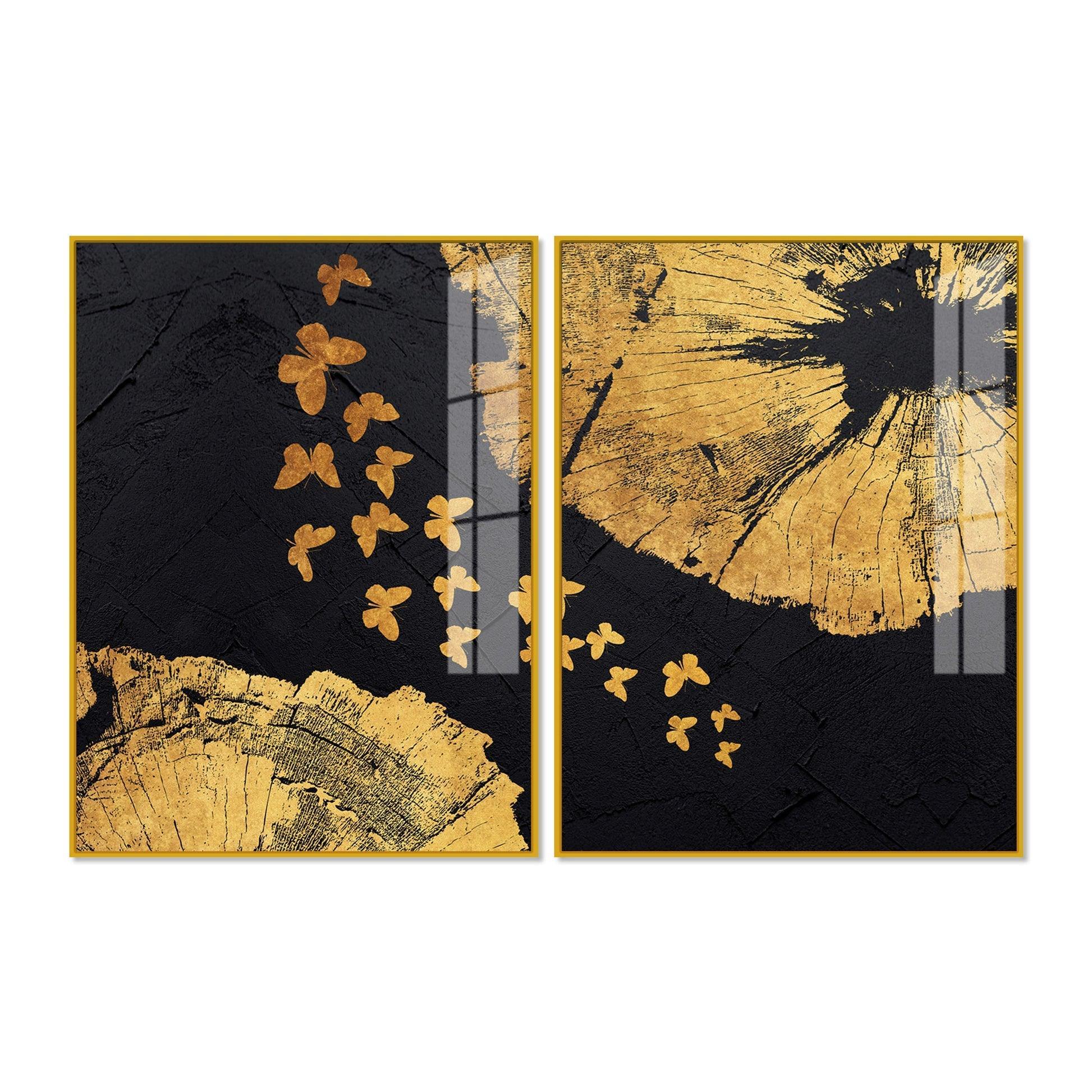 Golden Butterflies Flying Acrylic Floating Wall Painting Set of 2 - Decor Smart