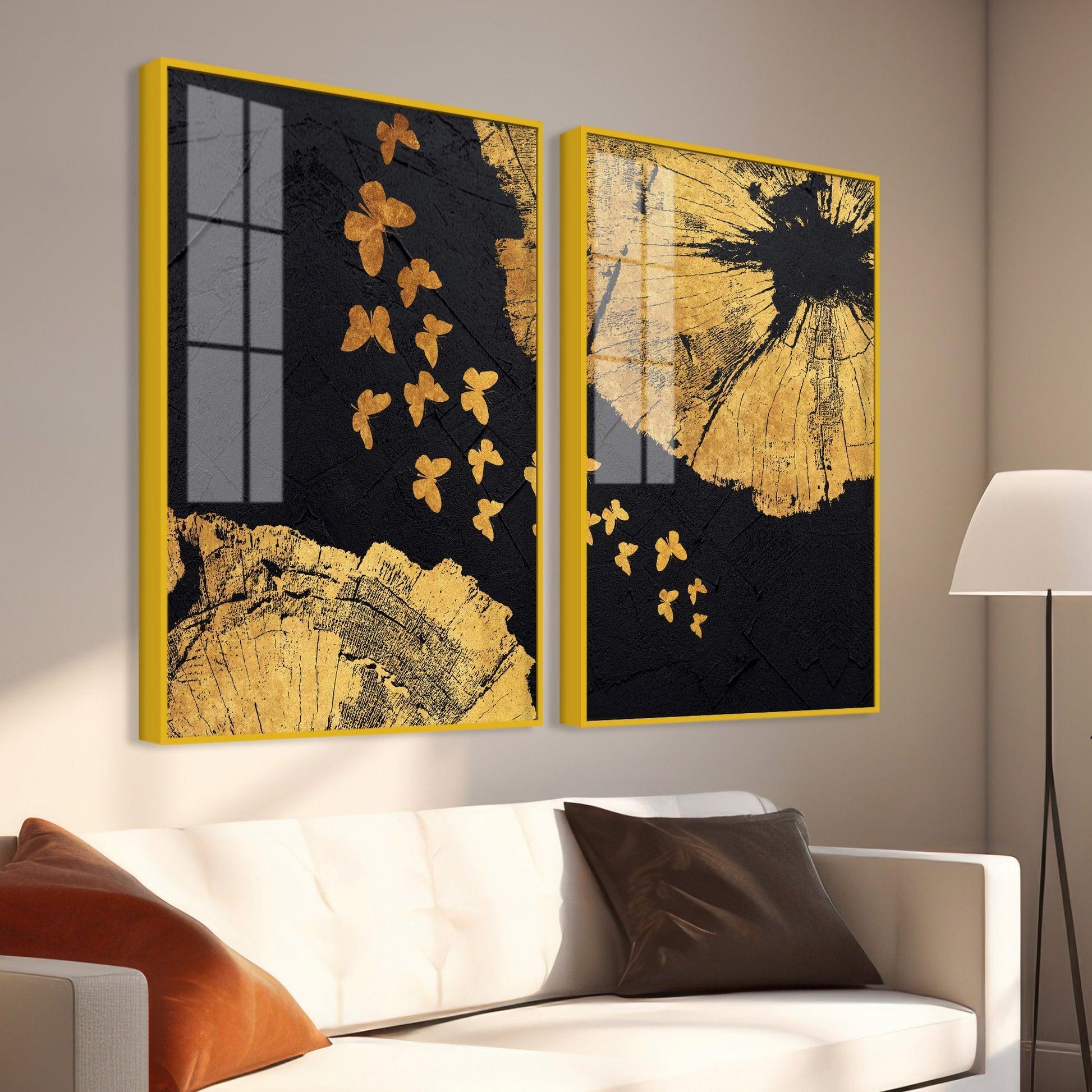 Golden Butterflies Flying Acrylic Floating Wall Painting Set of 2 - Decor Smart