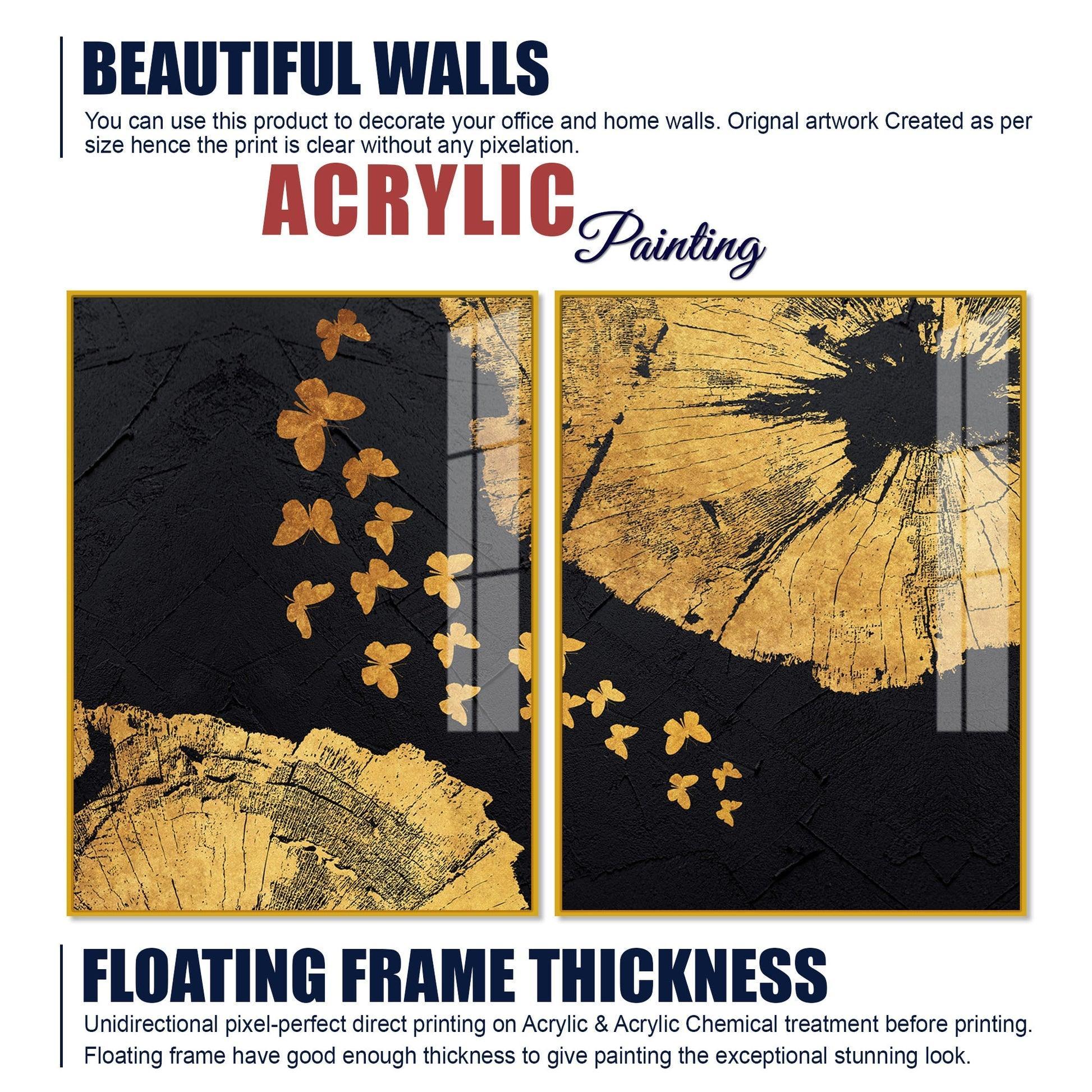 Golden Butterflies Flying Acrylic Floating Wall Painting Set of 2 - Decor Smart