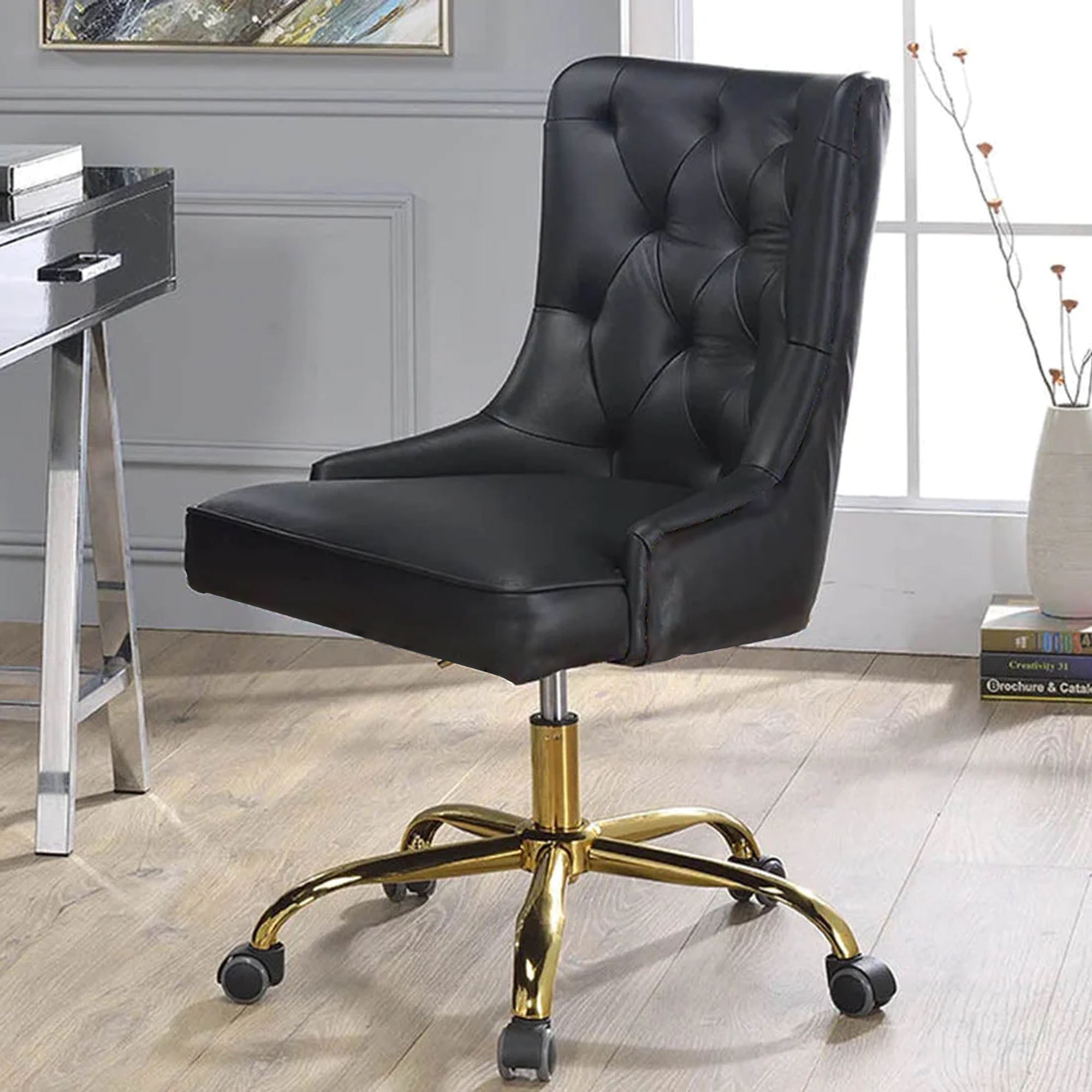 Golden Button Edge Black Leatherette Premium Armchair - Decor Smart
