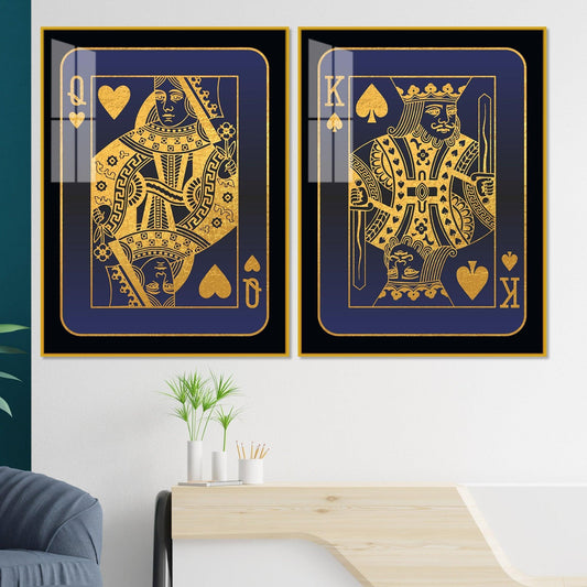 Golden Card of King and Queen Acrylic Floating Wall Painting Set of 2 - Decor Smart