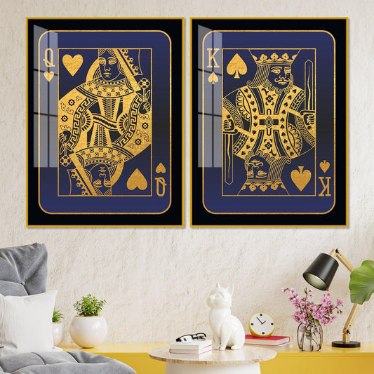 Golden Card of King and Queen Acrylic Floating Wall Painting Set of 2 - Decor Smart