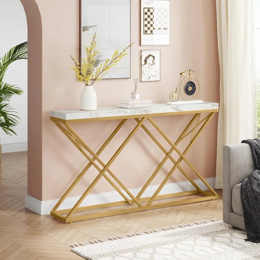 Golden Criss Cross Pattern Rectangular Shaped Designer Console Table - Decor Smart
