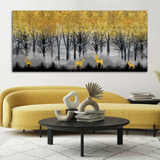 Golden Deer in Dark Forest Canvas Wall Painting - Decor Smart