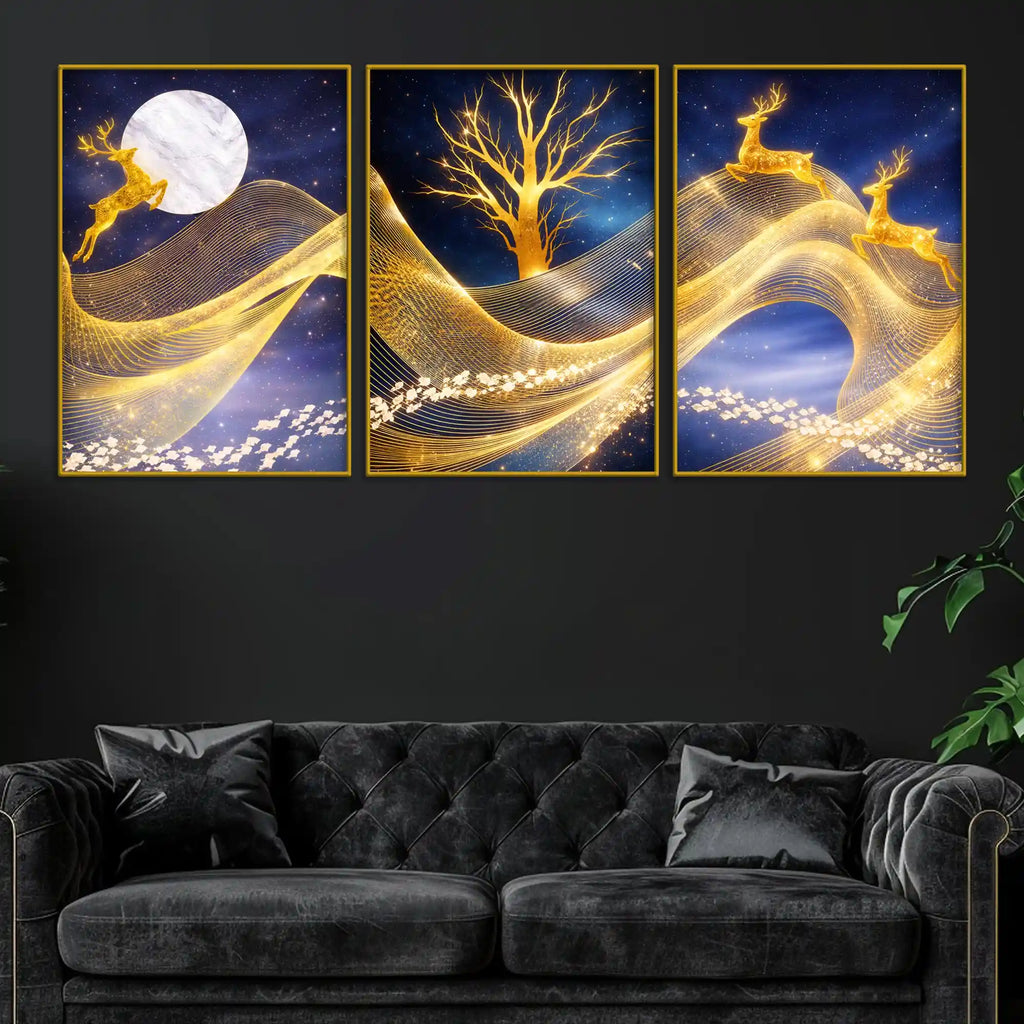 Golden Deer Moonlight & Tree Floating Frame Crystal Wall Painting Set of 3