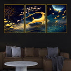 Golden Deer Runs Beneath the Moonlight Floating Frame Crystal Wall Painting Set of 3