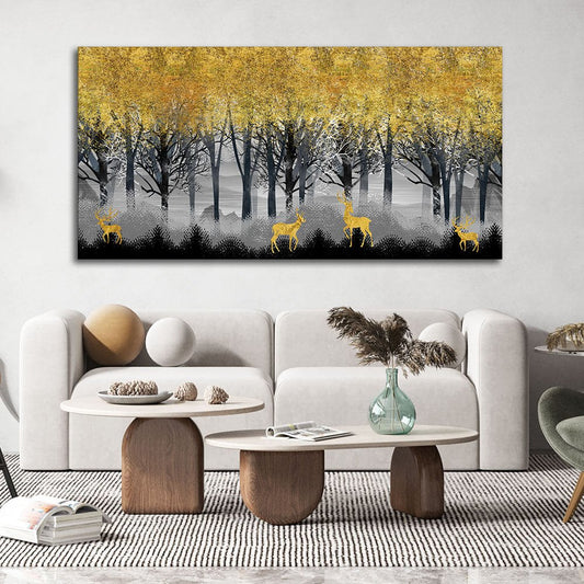 Golden Deers in Dark Forest Premium Canvas Wall Painting - Decor Smart