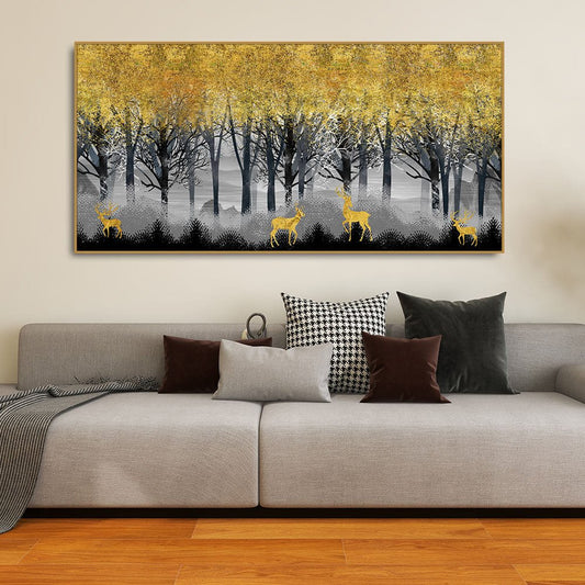 Golden Deers in Dark Forest Premium Canvas Wall Painting - Decor Smart