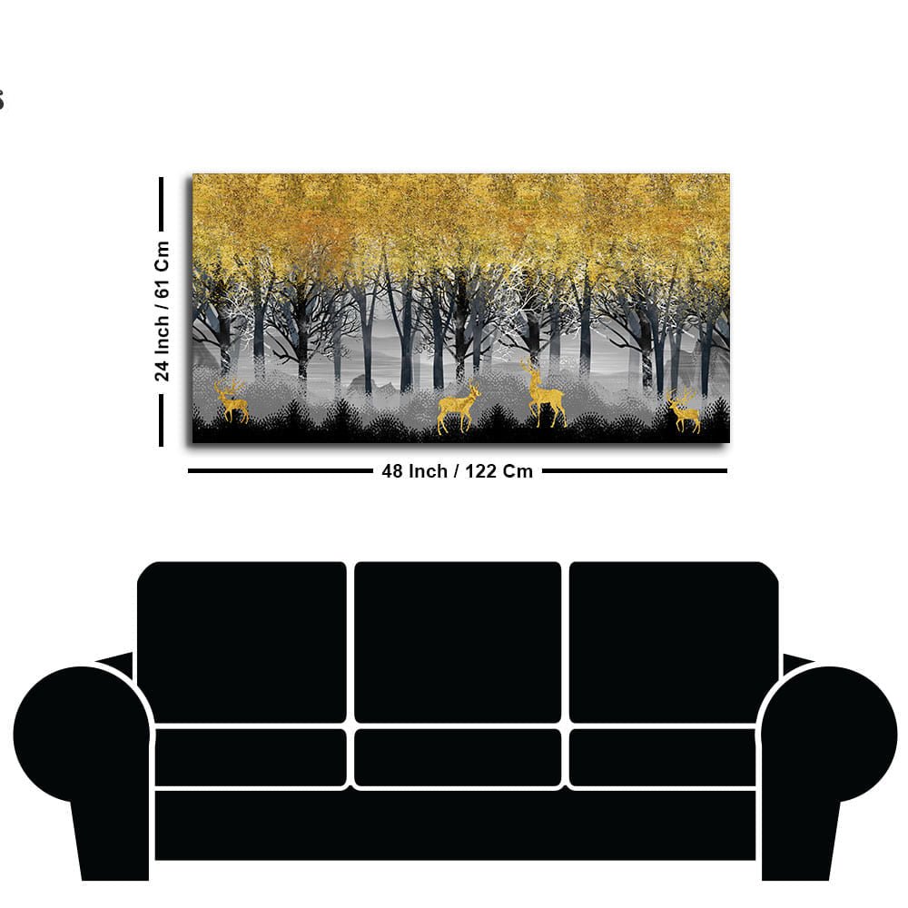 Golden Deers in Dark Forest Premium Canvas Wall Painting - Decor Smart