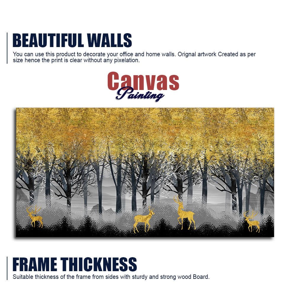 Golden Deers in Dark Forest Premium Canvas Wall Painting - Decor Smart
