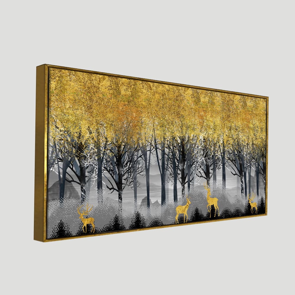 Golden Deers in Dark Forest Premium Canvas Wall Painting - Decor Smart