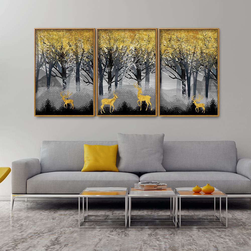Golden Deers in Dark Forest Premium Floating Canvas Wall Painting Set of Three - Decor Smart