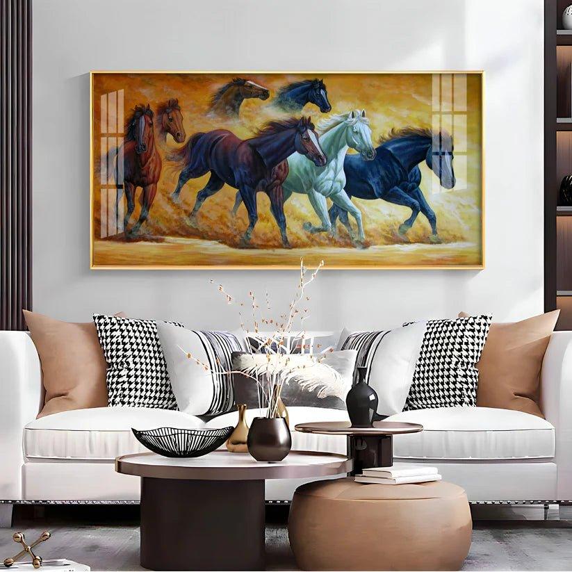 Golden Dust Running Horses Premium Acrylic Floating Wall Painting - Decor Smart