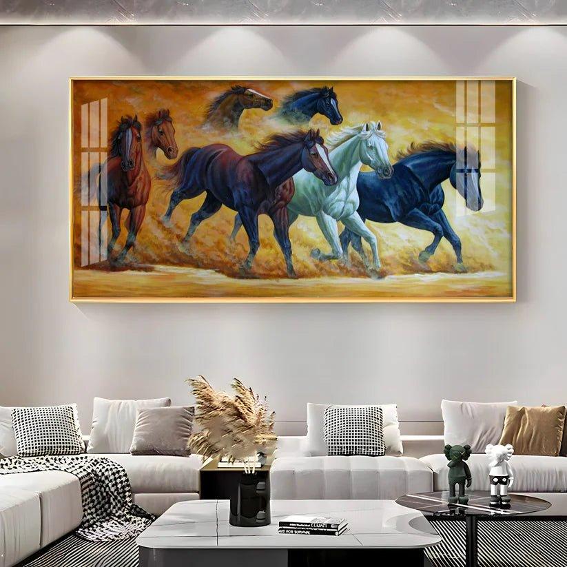 Golden Dust Running Horses Premium Acrylic Floating Wall Painting - Decor Smart