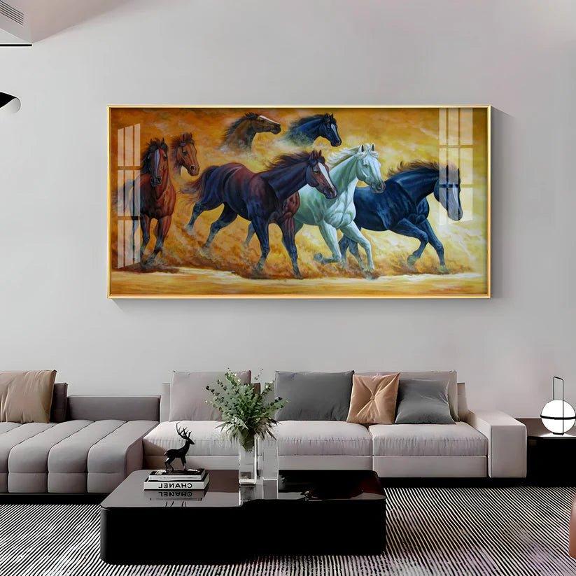 Golden Dust Running Horses Premium Acrylic Floating Wall Painting - Decor Smart