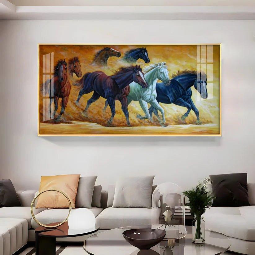 Golden Dust Running Horses Premium Acrylic Floating Wall Painting - Decor Smart