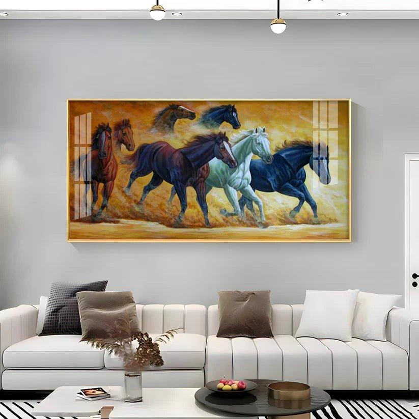 Golden Dust Running Horses Premium Acrylic Floating Wall Painting - Decor Smart