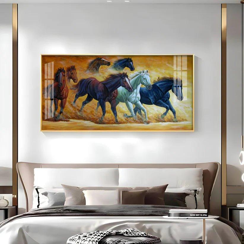 Golden Dust Running Horses Premium Acrylic Floating Wall Painting - Decor Smart