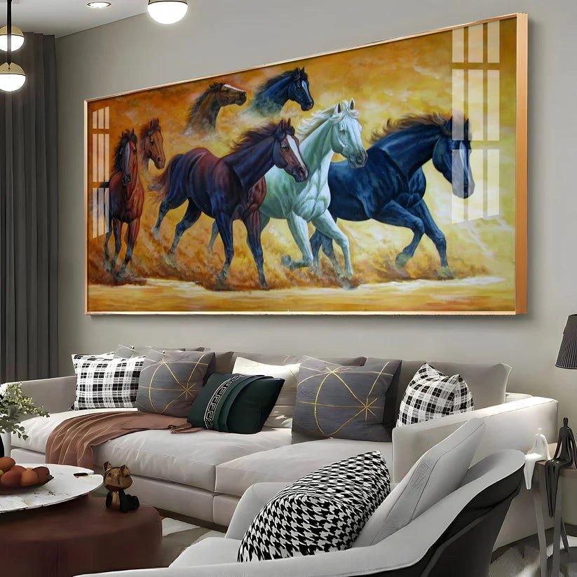Golden Dust Running Horses Premium Acrylic Floating Wall Painting - Decor Smart