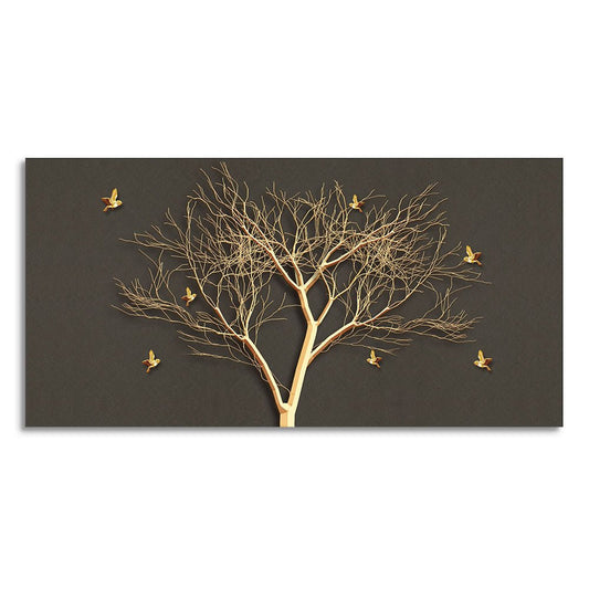 Golden Embossed Tree With Golden Birds Premium Canvas Wall Painting - Decor Smart