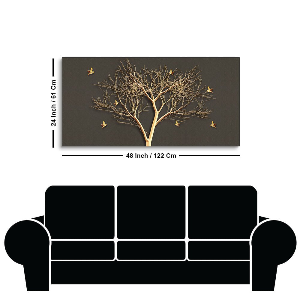 Golden Embossed Tree With Golden Birds Premium Canvas Wall Painting - Decor Smart