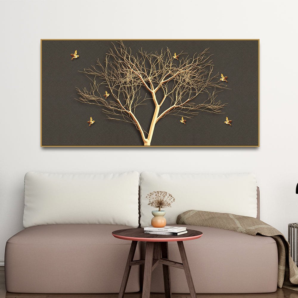 Golden Embossed Tree With Golden Birds Premium Canvas Wall Painting - Decor Smart