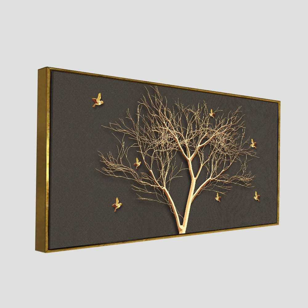 Golden Embossed Tree With Golden Birds Premium Canvas Wall Painting - Decor Smart