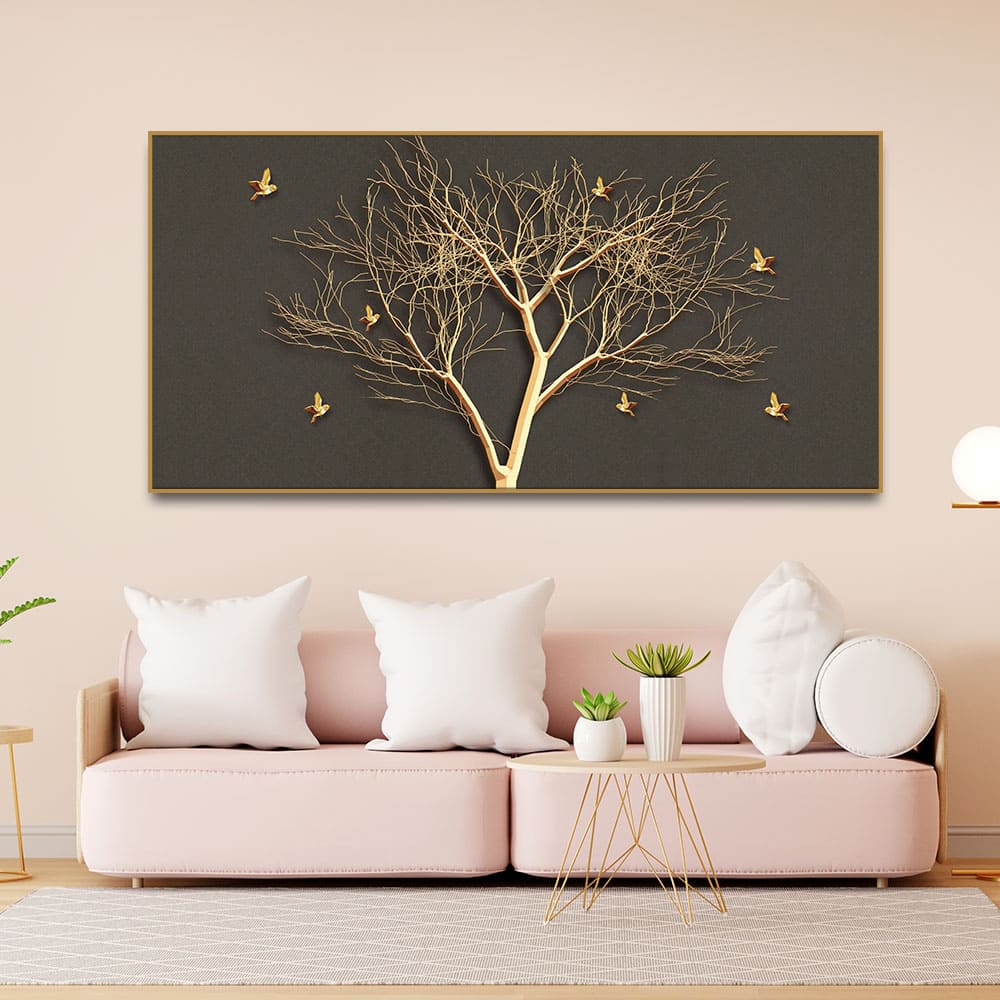 Golden Embossed Tree With Golden Birds Premium Canvas Wall Painting - Decor Smart