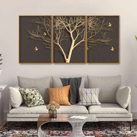 Golden Embossed Tree with Golden Birds Premium Floating Canvas Wall Painting Set of Three - Decor Smart