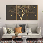 Golden Embossed Tree with Golden Birds Premium Floating Canvas Wall Painting Set of Three