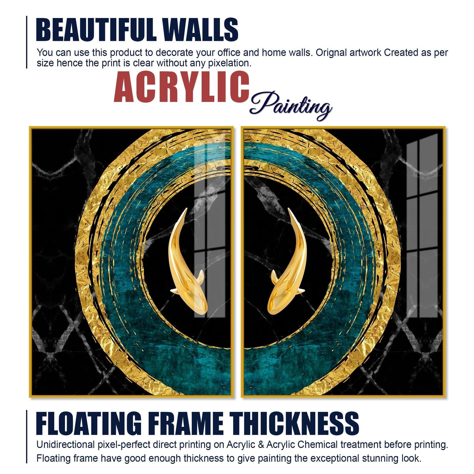 Golden Fish Acrylic Floating Wall Painting Set of 2 - Decor Smart