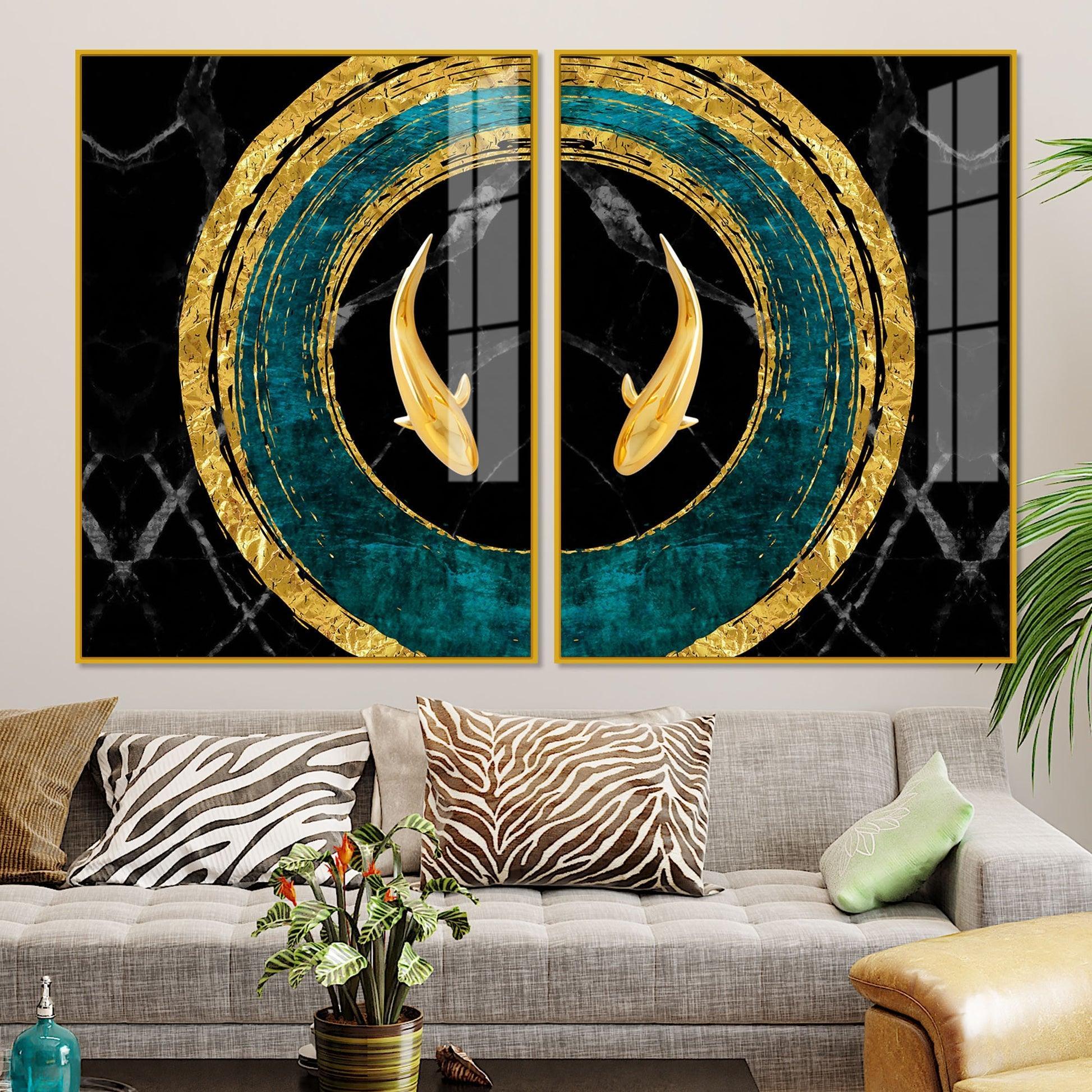 Golden Fish Acrylic Floating Wall Painting Set of 2 - Decor Smart