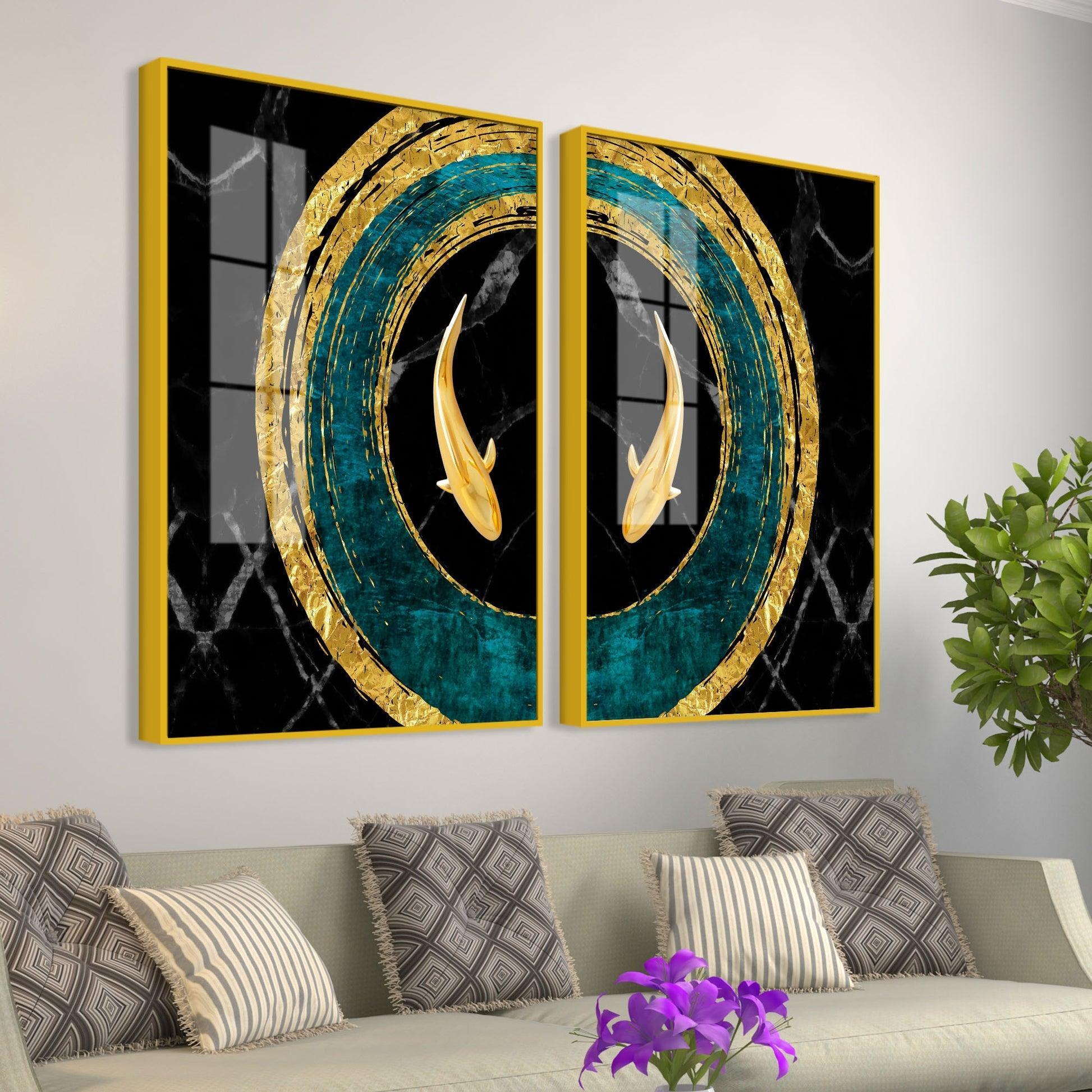 Golden Fish Acrylic Floating Wall Painting Set of 2 - Decor Smart
