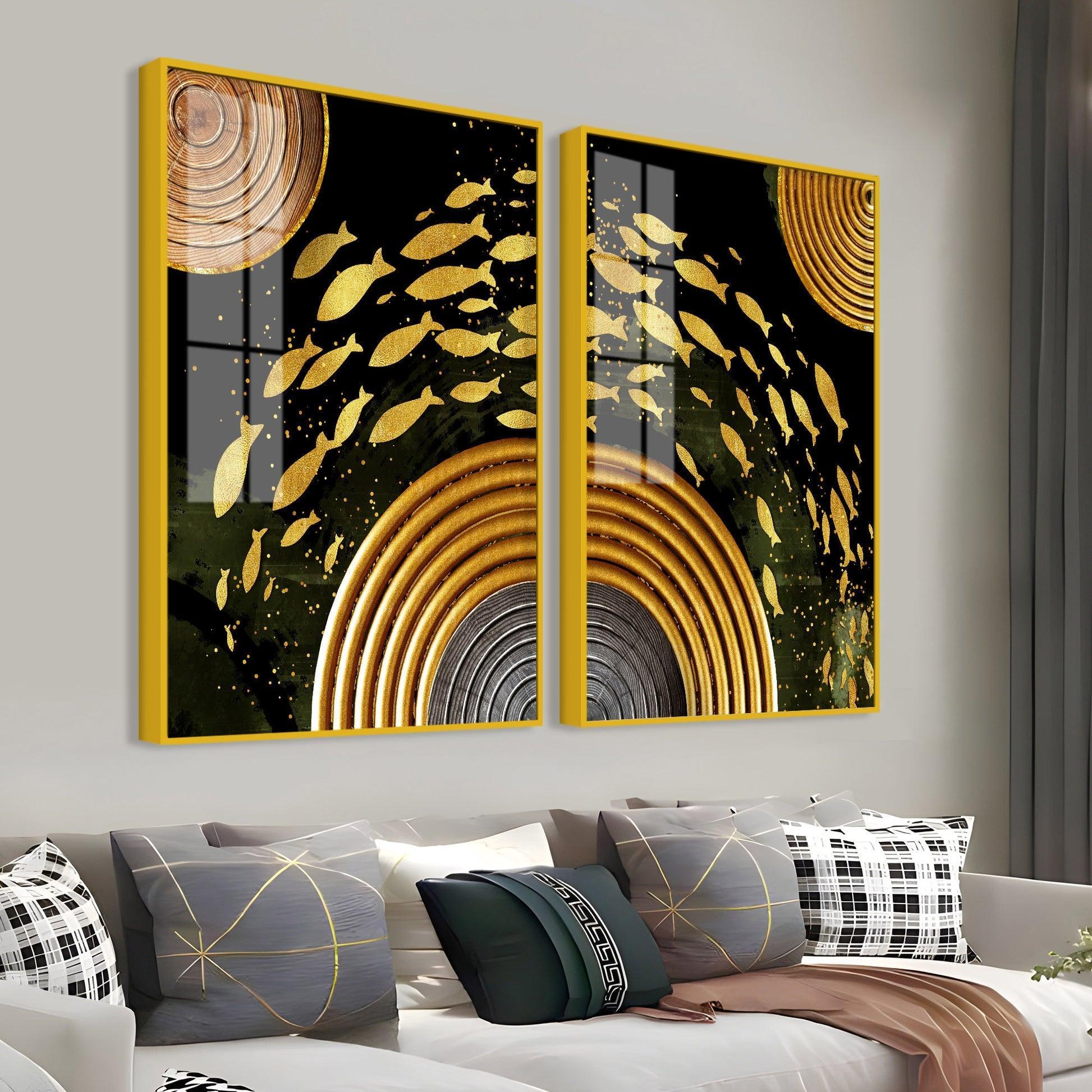 Golden Fishes Acrylic Floating Wall Painting Set of 2 - Decor Smart