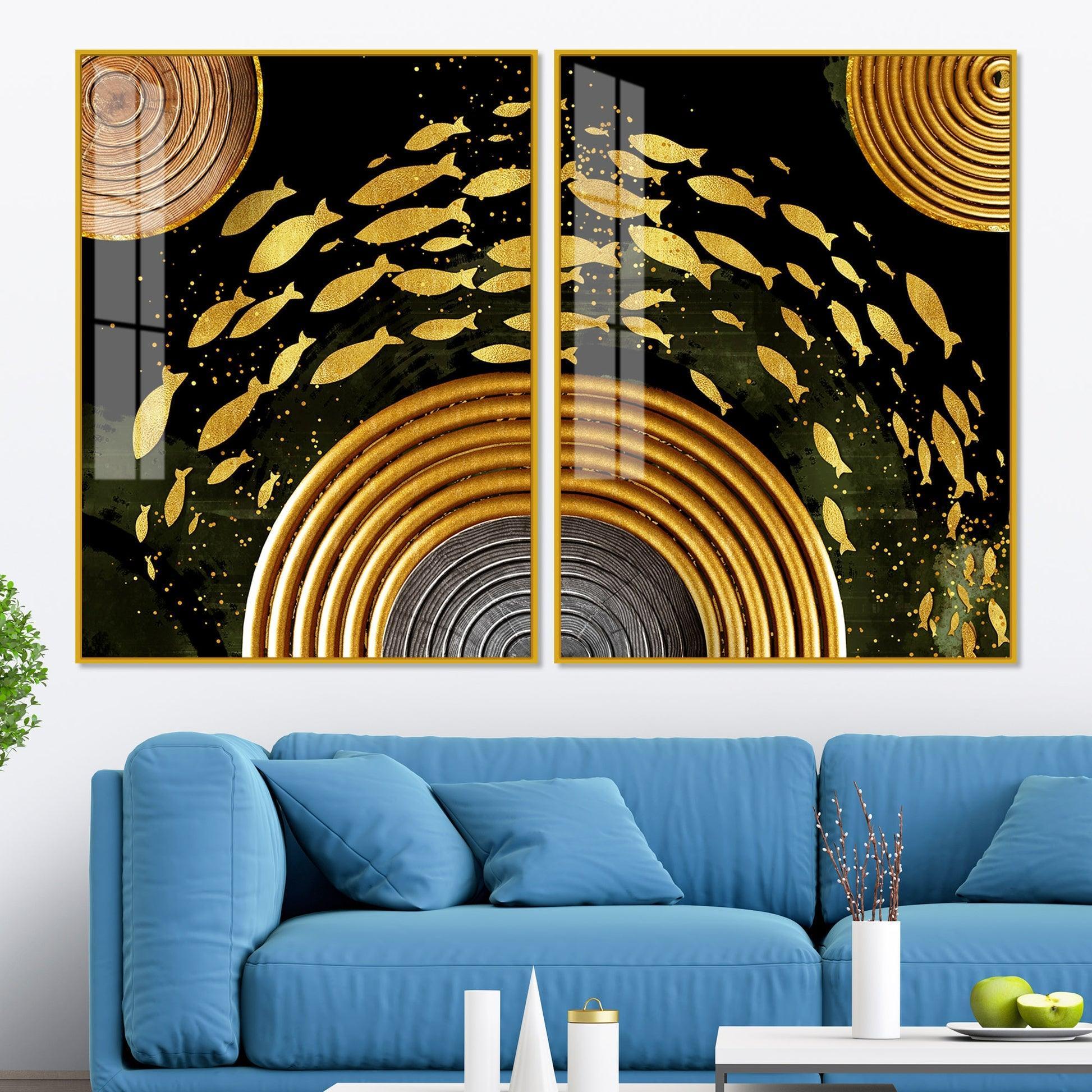 Golden Fishes Acrylic Floating Wall Painting Set of 2 - Decor Smart