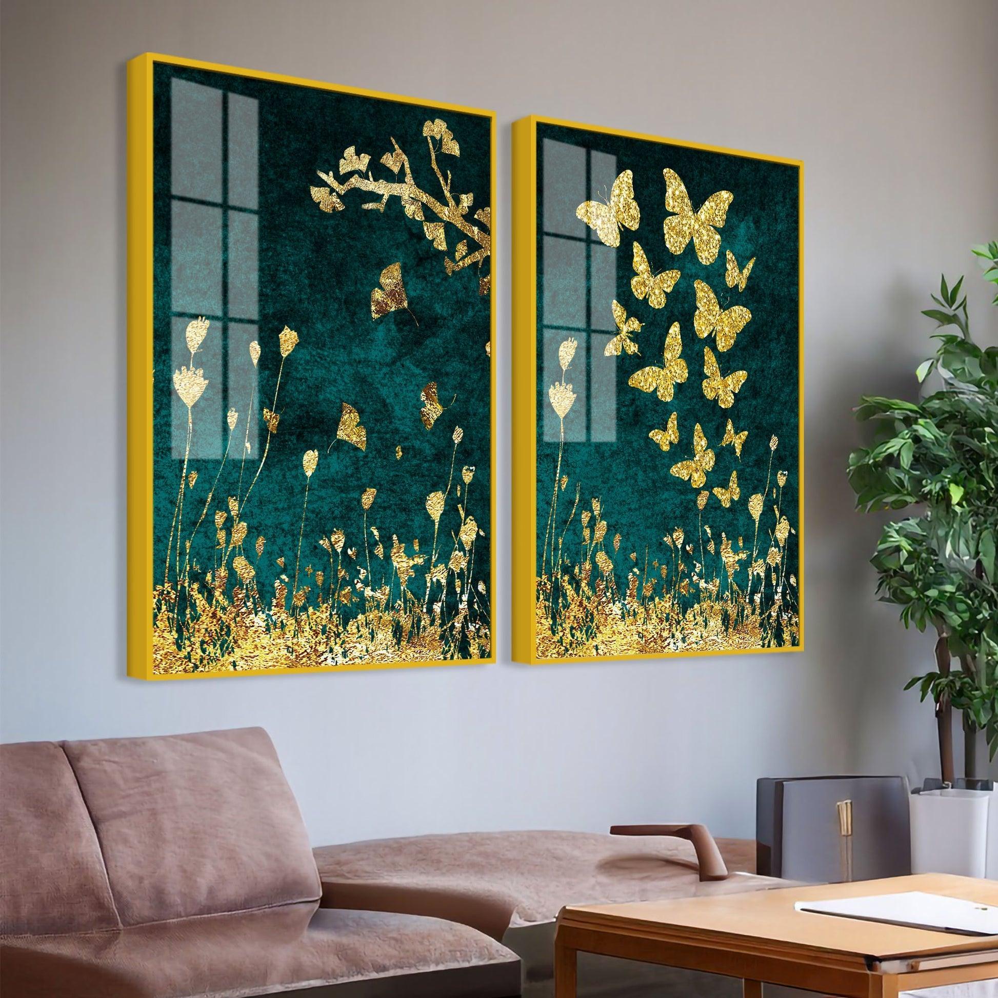 Golden Fishes Acrylic Floating Wall Painting Set of 2 - Decor Smart