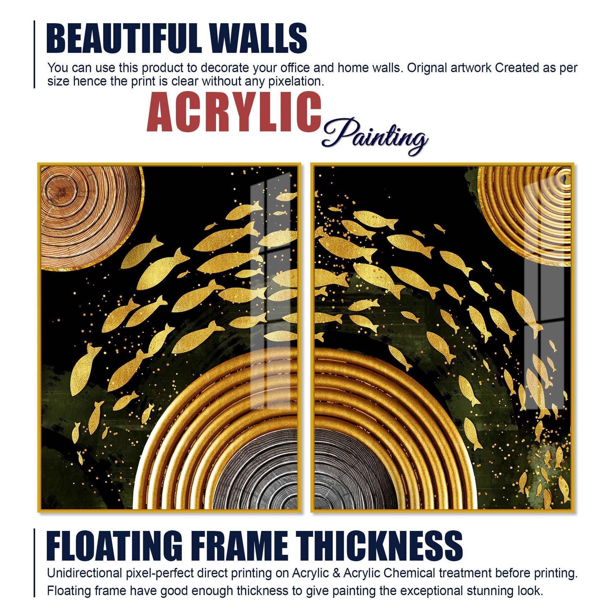 Golden Fishes Acrylic Floating Wall Painting Set of 2 - Decor Smart