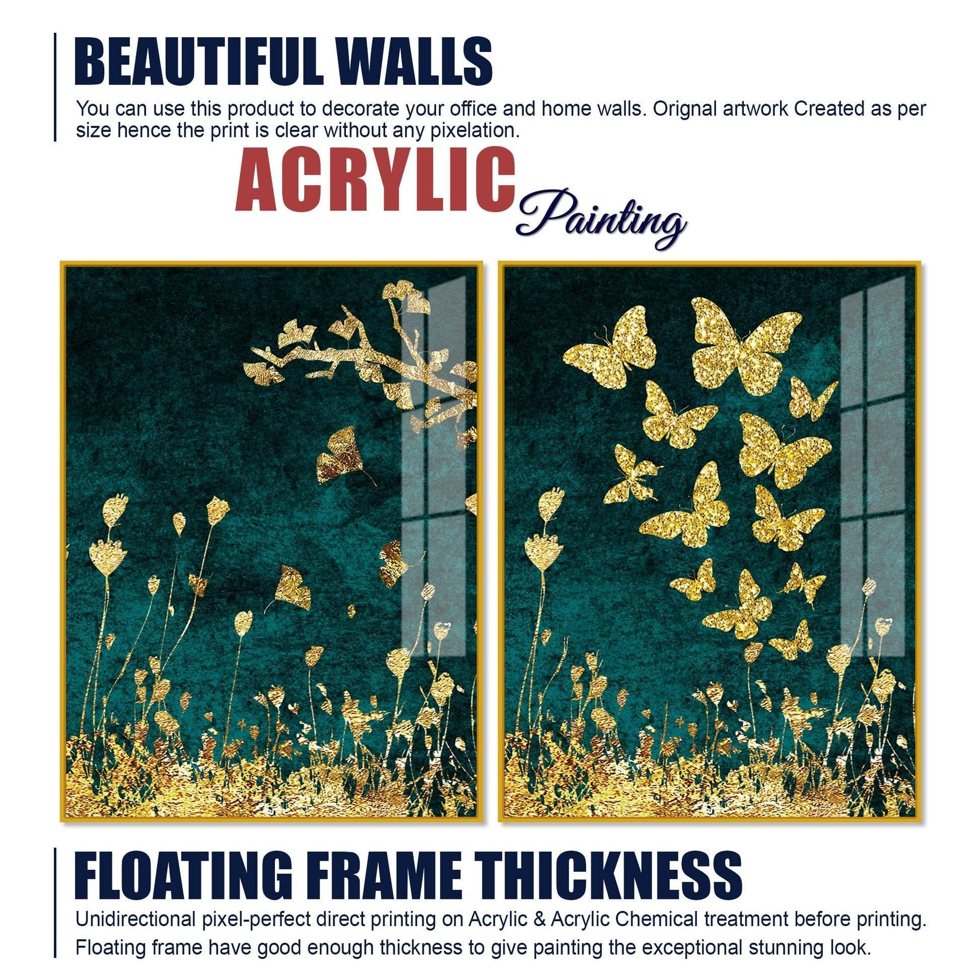 Golden Fishes Acrylic Floating Wall Painting Set of 2 - Decor Smart