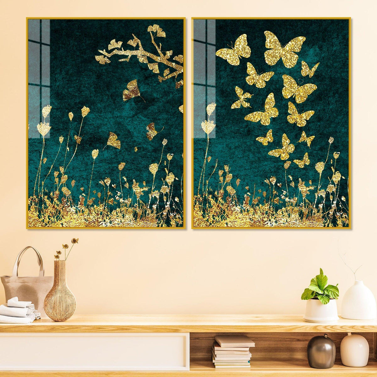 Golden Fishes Acrylic Floating Wall Painting Set of 2 - Decor Smart