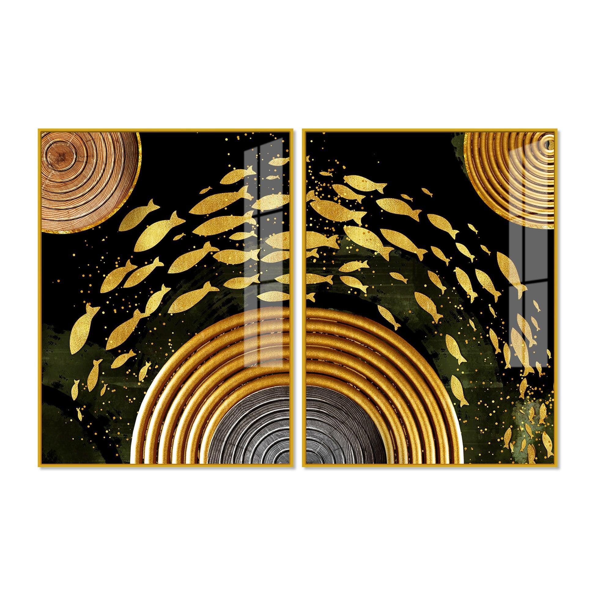 Golden Fishes Acrylic Floating Wall Painting Set of 2 - Decor Smart