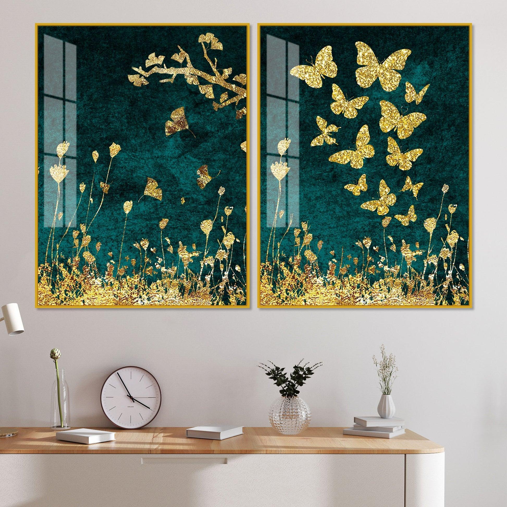Golden Fishes Acrylic Floating Wall Painting Set of 2 - Decor Smart