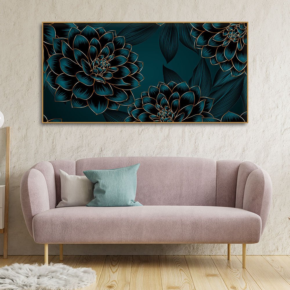 Golden Flowers Dahlia and Leaves Wall Painting - Decor Smart