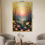 Golden Forest Sunset Floating Frame Crystal Wall Painting