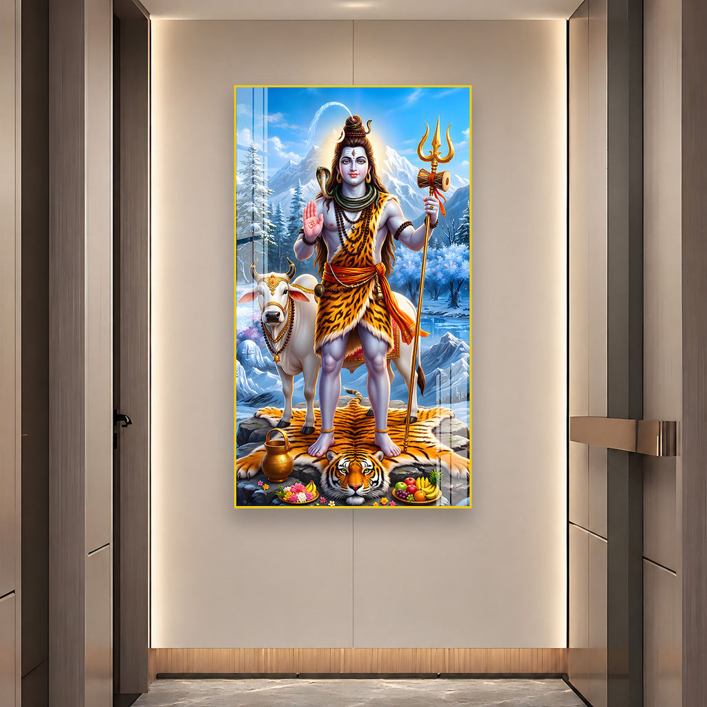 Mahadev Standing Acrylic Glass Painting with Trishul and Damru for Pooja Room